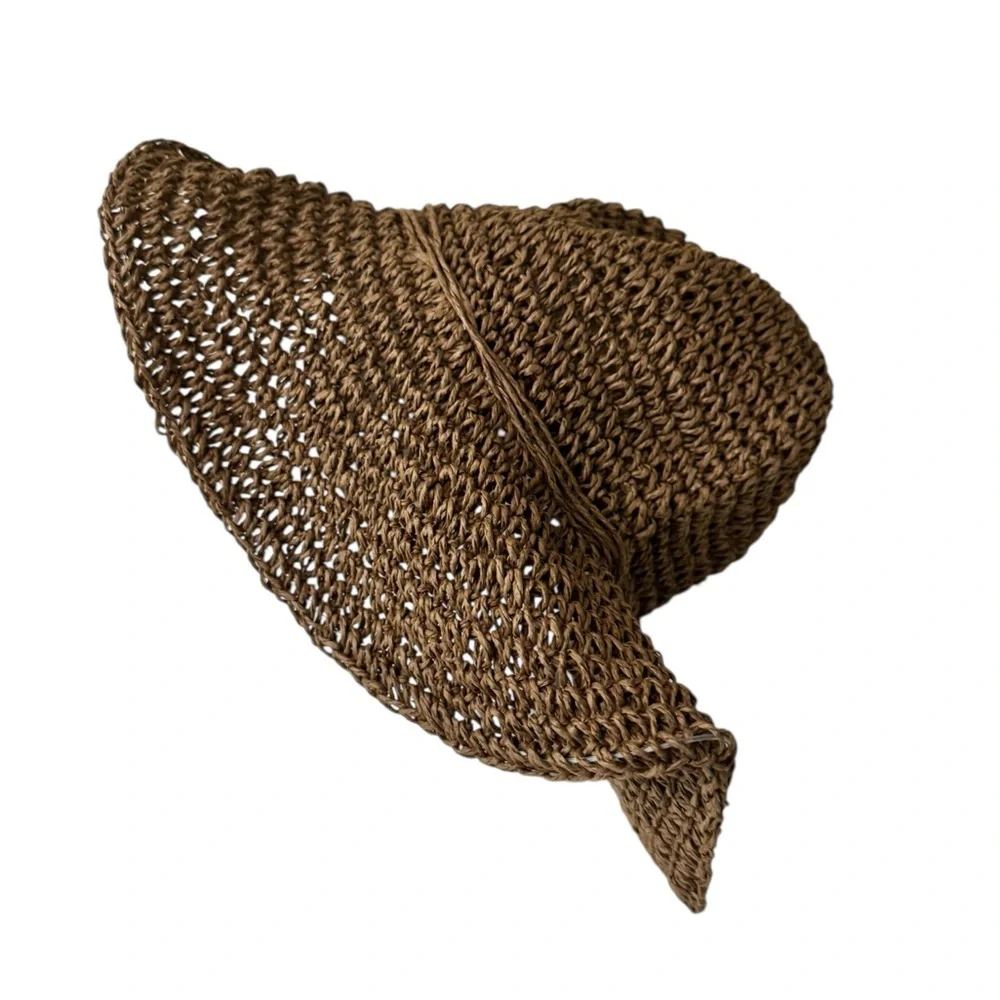 Brown Woven Straw Sun Hat 100% Recycled Paper Vacation‎ Beach Cruise Summer